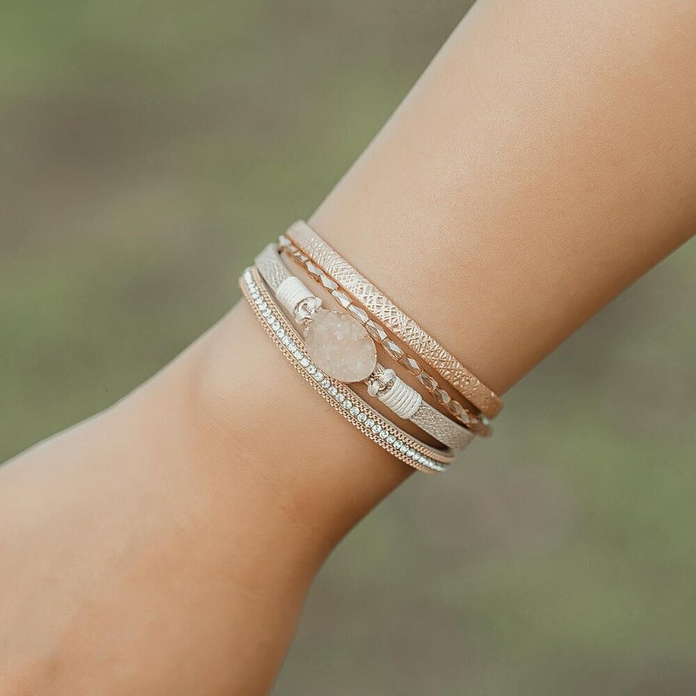 Leather Wrap Bracelet Boho Cuff Bangle Bracelets Crystal Bead Bracelet with Magn - Picture 3 of 7